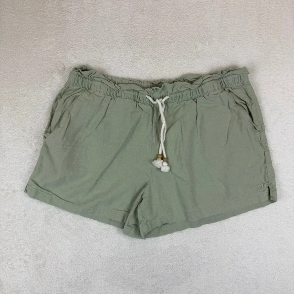 Hang Ten Women Linen Blend Paperbag Waist Shorts Set of 2 Black Green Large